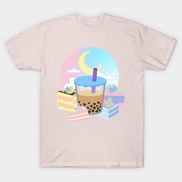 Boba Tea Cake Pastel Kawaii Moon Bubble Tea Dessert Cute Japanese Y2K Vaporwave T-Shirt by Super Kawaii Club